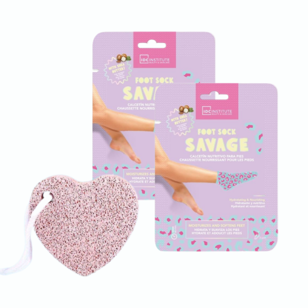 IDC Institute Mascarilla tipo calcetín nutritivo para pies, 2 unidades, 1 piedra pómez corazón, tratamientos unisex
