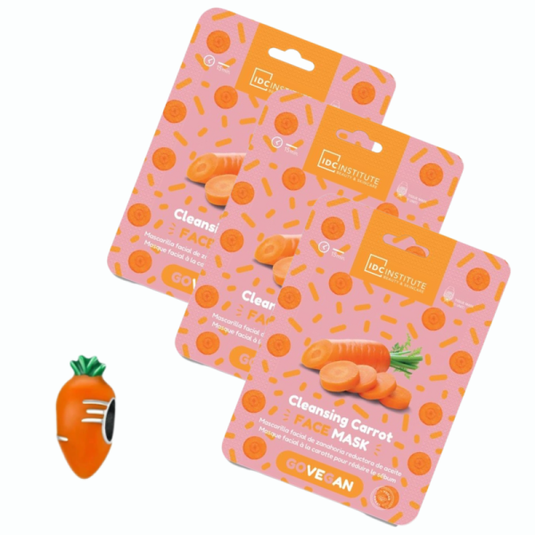 IDC Institute Mascarilla facial vegana hidratante de zanahoria, 3 unidades, 1 abalorio zanahoria, tratamientos faciales