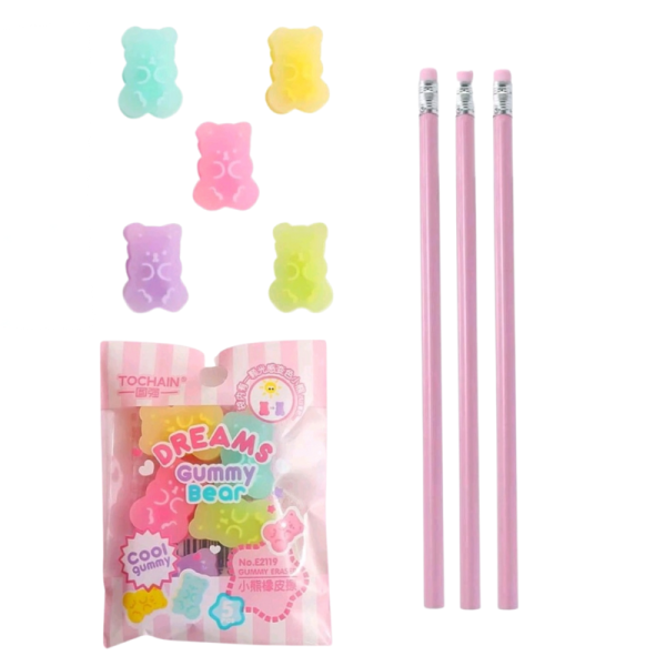Coloniastock Set de gomas de borrar osito, 3 lápices de color rosa con goma de borrar, set de papelería