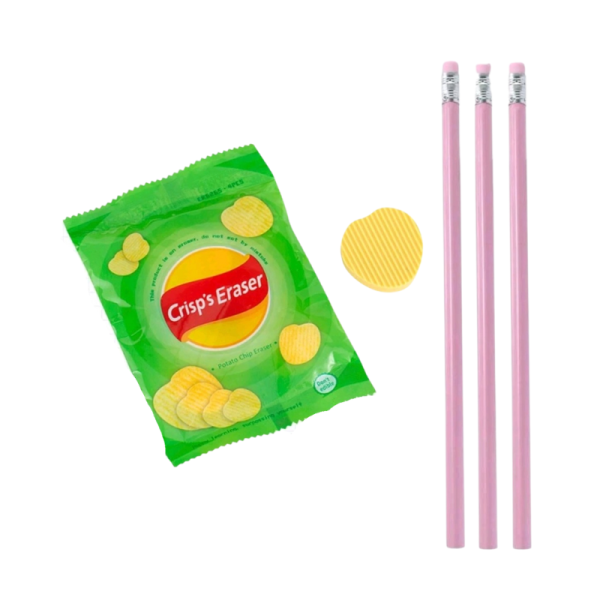 Coloniastock Set de gomas de borrar patatas chips, 3 lápices de color rosa con goma de borrar, set de papelería