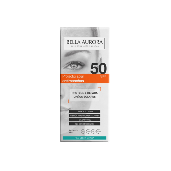 Bella Aurora protector solar facial antimanchas SPF 50, 50 ml, 1 unidad, pieles mixta - grasas, protección solar facial