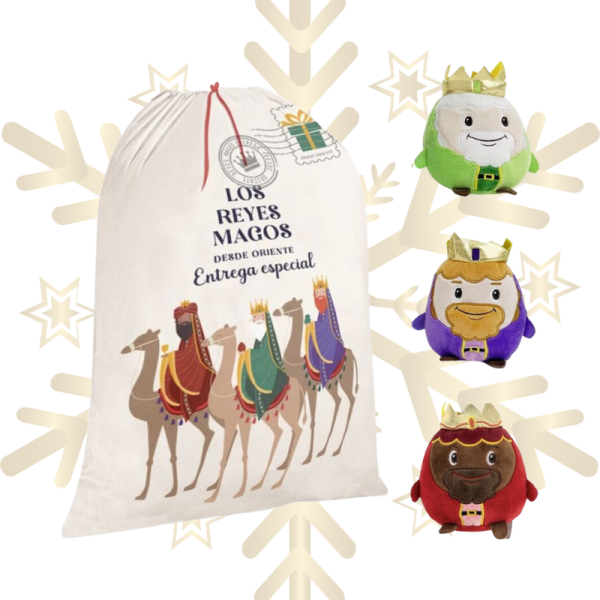 Pack de Saco de Reyes Magos, 3 peluches de los Reyes Magos